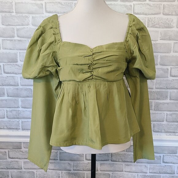 & Merci Green Satin Smocked Long Sleeve Blouse Top Whimseygoth Cottage NEW L - Picture 8 of 8